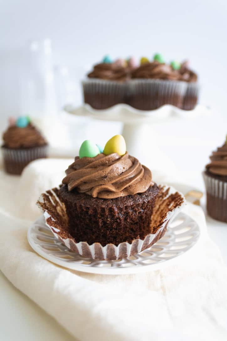 Chocolate cupcake frosted with a mocha swiss meringue buttercream